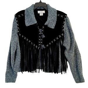 Sandy Starkman Fringe Leather Knit Chenille Jacket Coat M